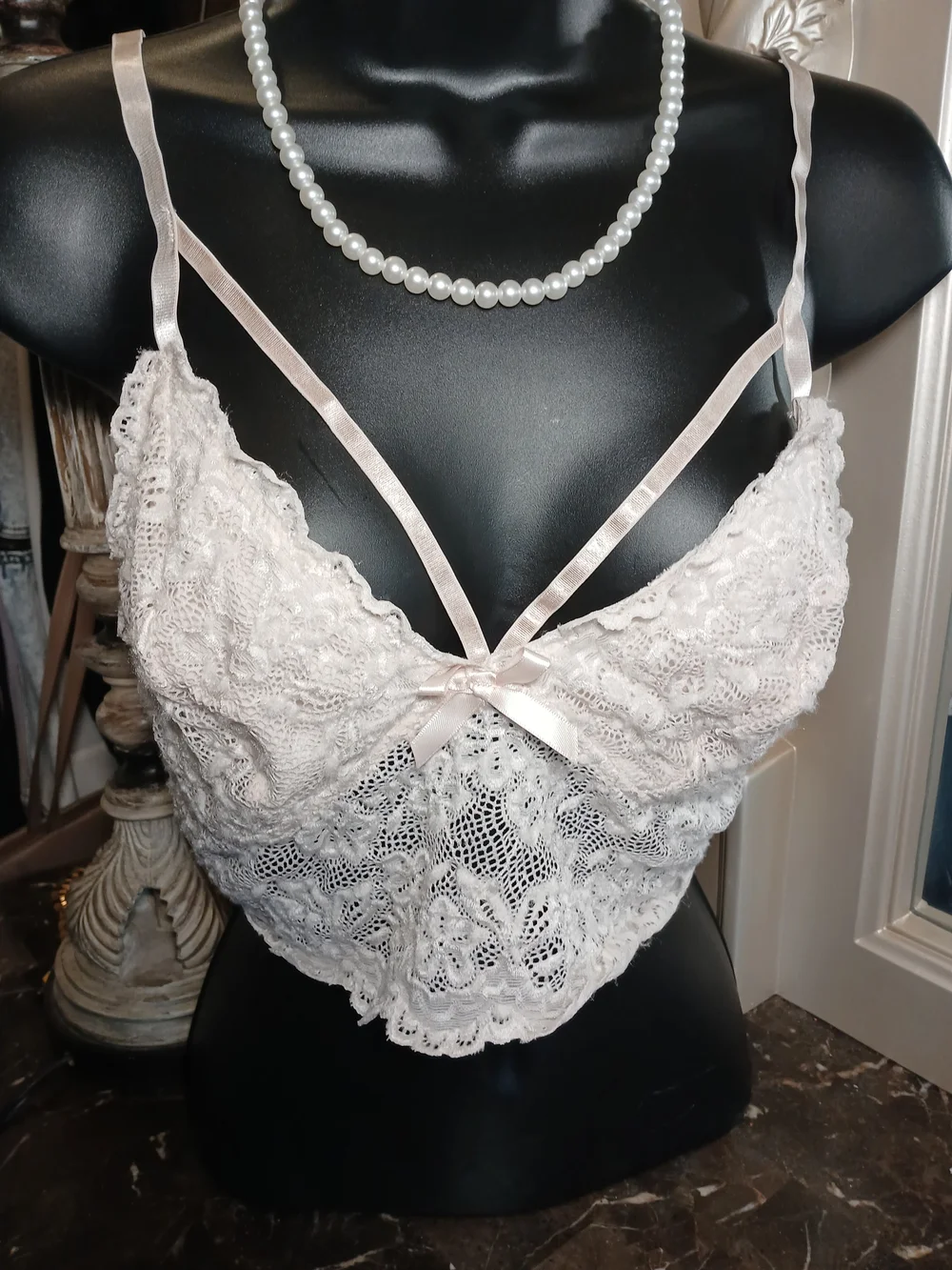 Lace Bandeau Bralette with Satin Trim in Light Pink - Picture 1 of 11